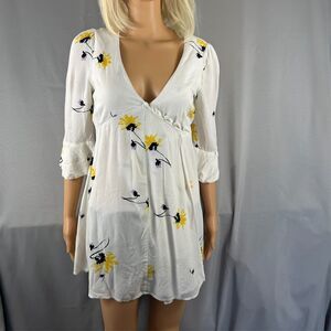 Free People Time On My Side White Floral Mini Wrap Dress 3/4 Sleeve Sz XS | TP